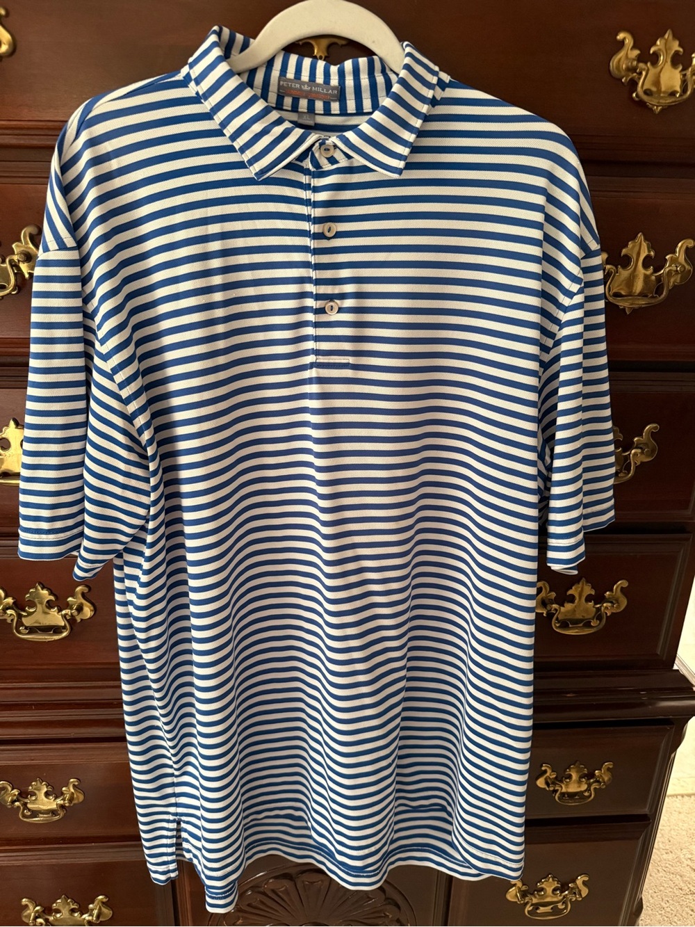 Peter Millar Blue and White Horizontal Stripe Polo